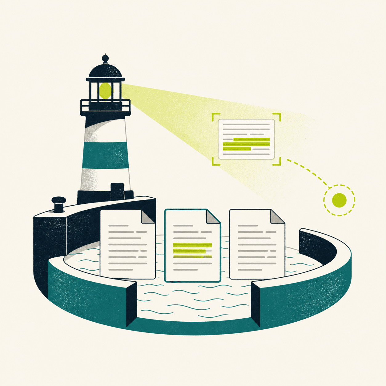 Illustration of fictional documents being selected as authorised evidence for a cited answer.